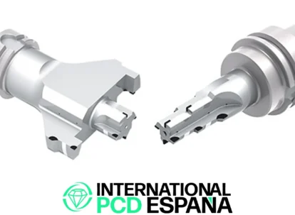 Cabezas de fresado de PCD, herramientas de corte de alta precisión, mostradas en un fondo blanco con el logo de International PCD España.